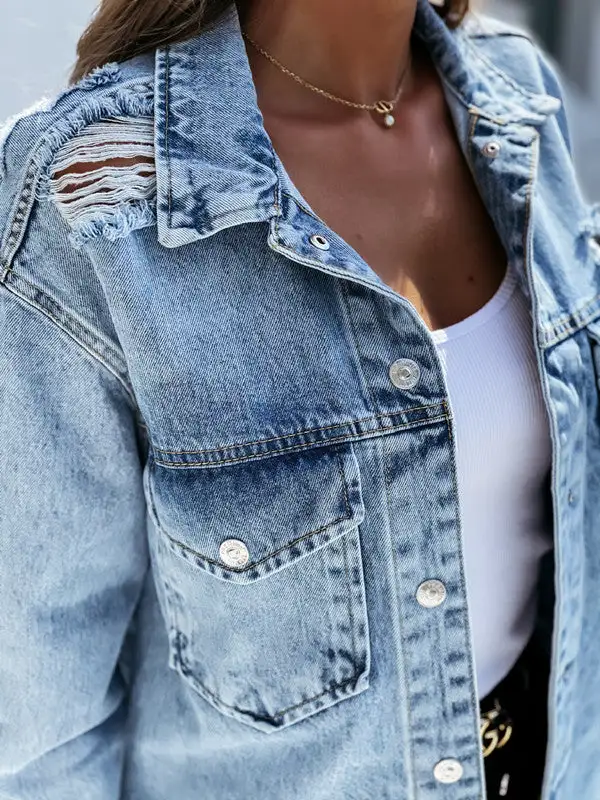 Ripped Washed Casual Denim Jacket