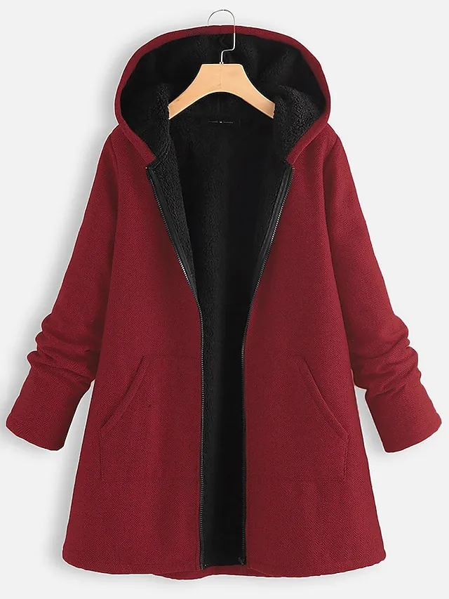 Women's Plus Size Curve Coat Hooded Coat Winter Fall Warm Mid-Length Short Chic Elegant Oversize Sport Vintage Zip Pocket Thick Coats Jacket Sweatshirt Parka Blouson
