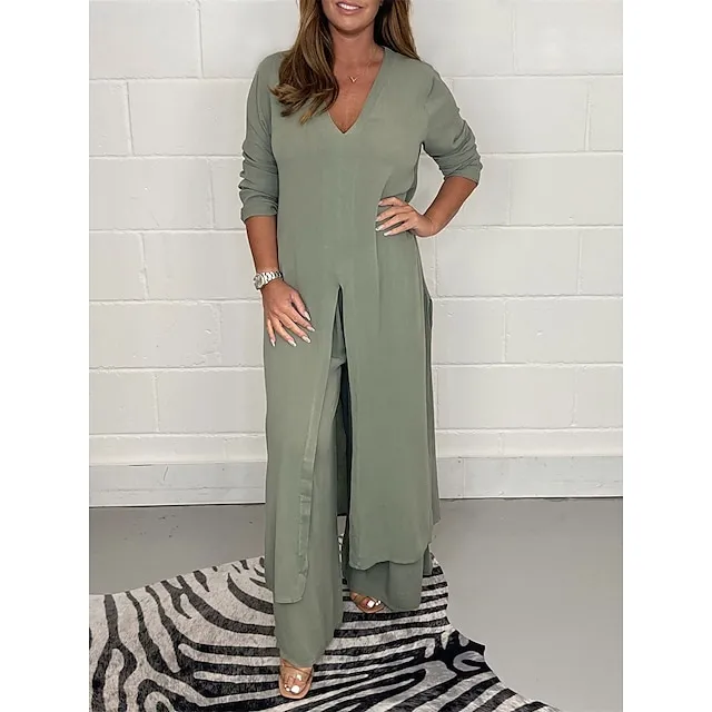 Women's Pajamas Pajama Top and Pant Sets 2 Pieces Pure Color Fashion Casual Soft Home Daily Bed Polyester Breathable V Wire Long Sleeve T shirt Tee Pant Summer Spring Black White