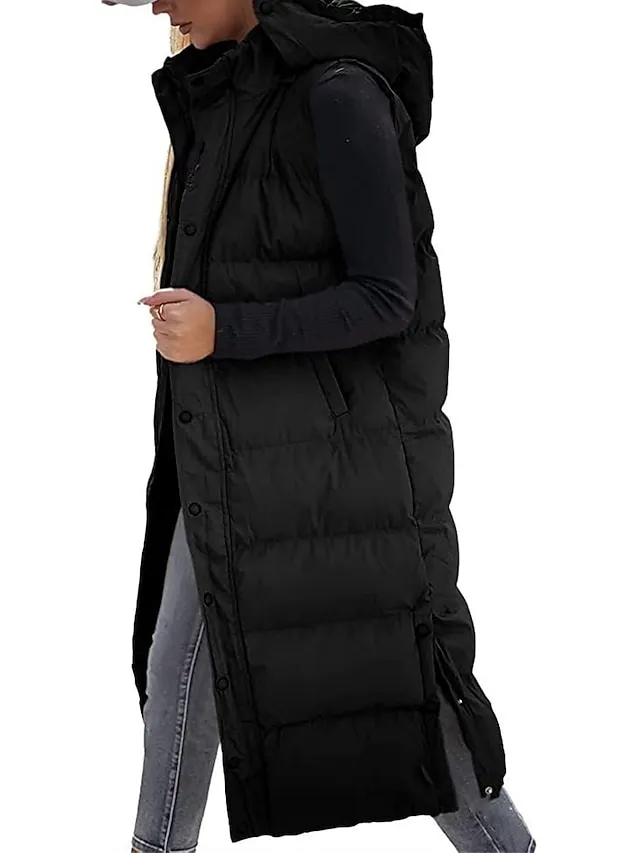 Women's Puffer Vest Long Winter Coat Sleeveless Hooded Jacket Thermal Warm Parka Windproof Gilet Zipper Outerwear Fall