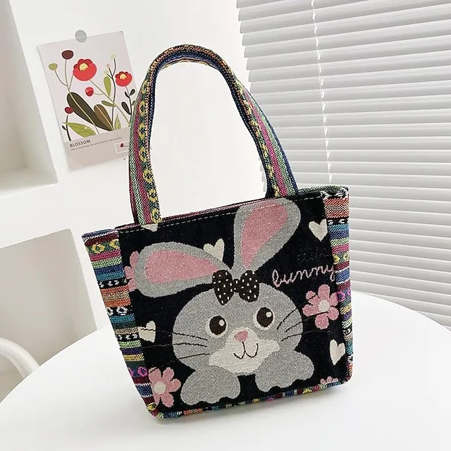 Women's Girls' Tote Polyester Daily Office & Career Cartoon Artwork Floral Print Rabbit Peacock blue striped kitten