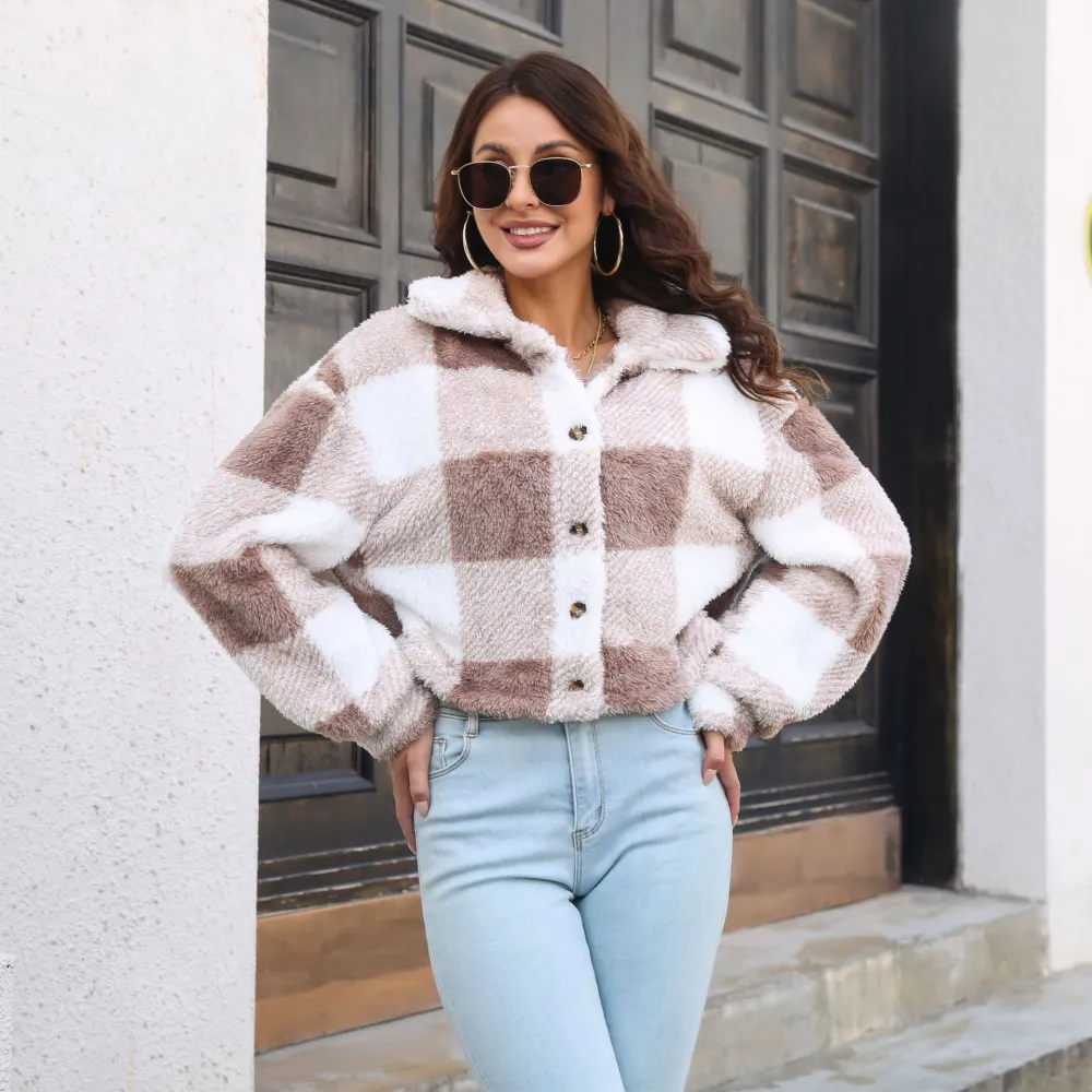 Casual Fashion Plaid Warm Lapel Long Sleeve Coat