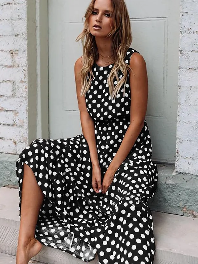Women's Casual Dress Swing Dress Boho Dress Maxi long Dress Black Yellow Navy Blue Sleeveless Polka Dot Ruched Summer Spring Fall Crew Neck Fashion Birthday Vacation Summer Dress 2023 S M L XL XXL