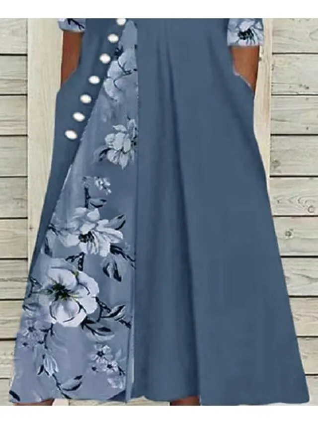 Women‘s Swing Dress Midi Dress Green Blue Gray Half Sleeve Floral Split Print Summer Spring V Neck Stylish Casual 2023 S M L XL XXL 3XL