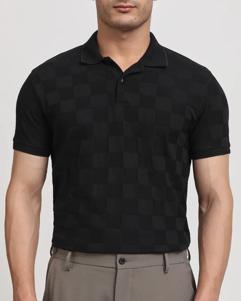 Casual Minimalist Black Plaid Texture Polo Shirt