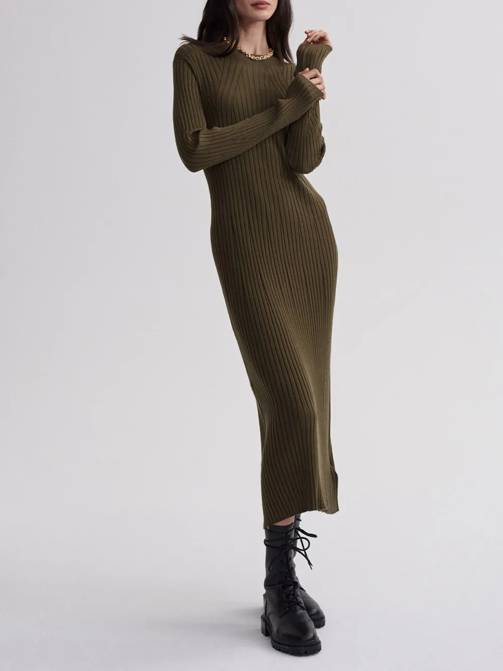 Olive Rib Knit Midi Dress