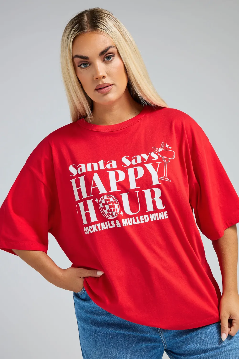 LIMITED COLLECTION Curve Red 'Happy Hour' Christmas T-Shirt