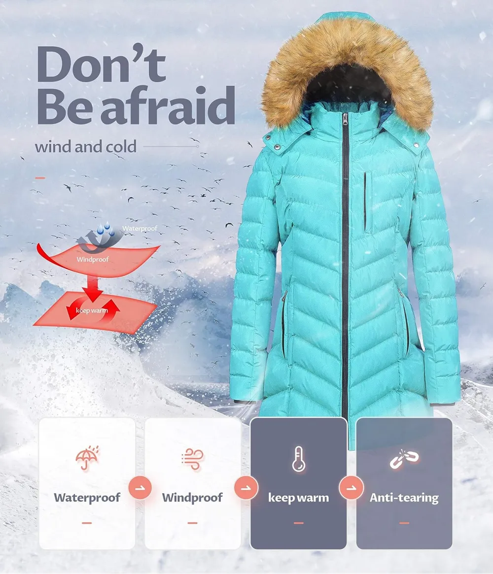 US Women's Winter Hooded Coat Waterproof Warm Long Puffer Jacket Parka