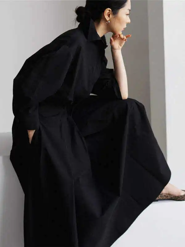 Original Solid Color Lapel Long Sleeves Midi Dress