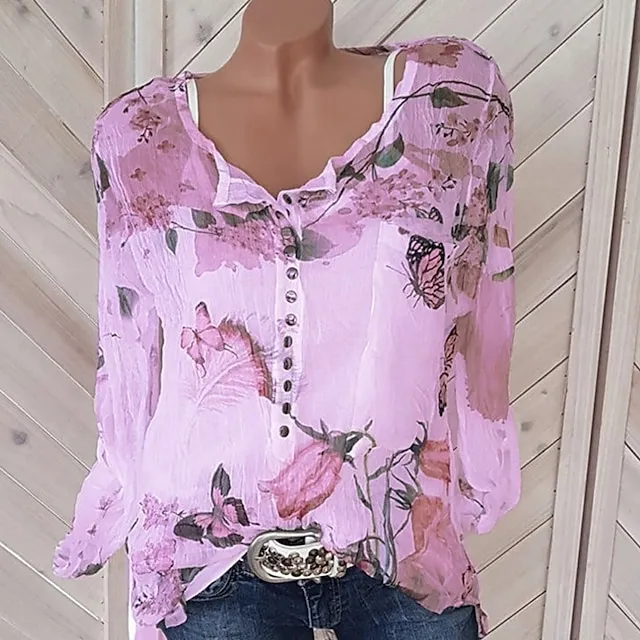 Women's Shirt Blouse Floral White Purple Orange Button Print Long Sleeve Daily Going out Weekend Streetwear Holiday Casual Shirt Collar Regular Fit Summer Spring Fall