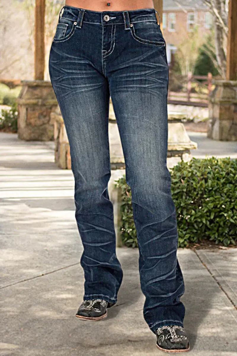 Mid Waist Pocket Straight Leg Jeans