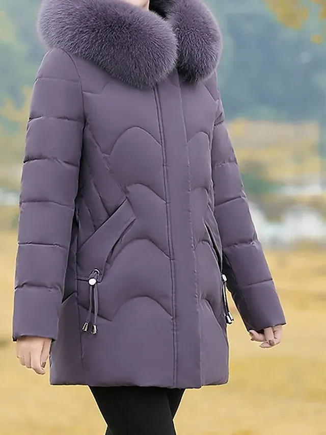 Women's Parka Warm Winter Coat Zipper Puffer Jacket with Removable Fur Collar Zipper Hoodie Heated Jacket Fashion Modern Casual Street Style Outerwear Long Sleeve Fall