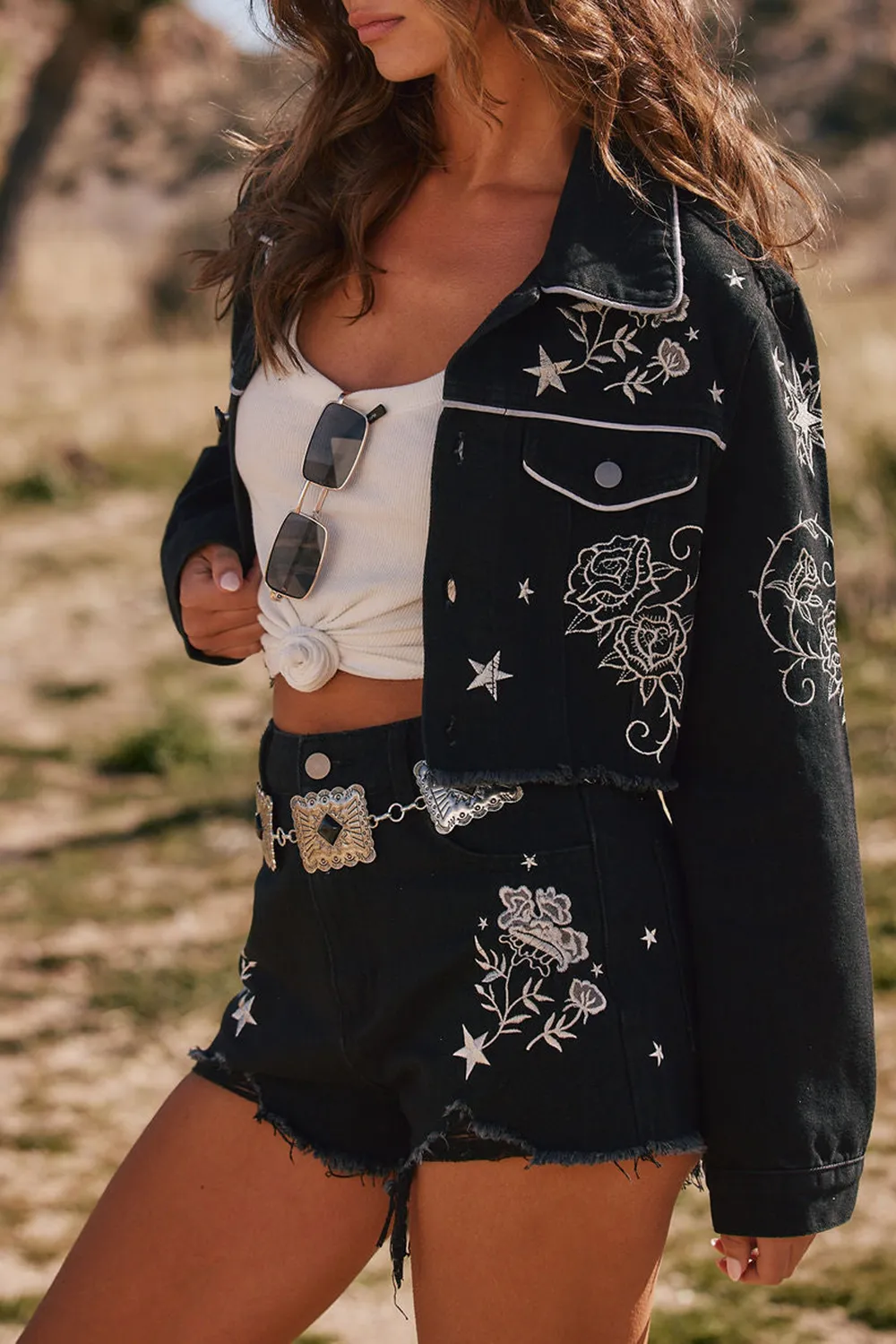 Black Embroidered Cropped Jacket