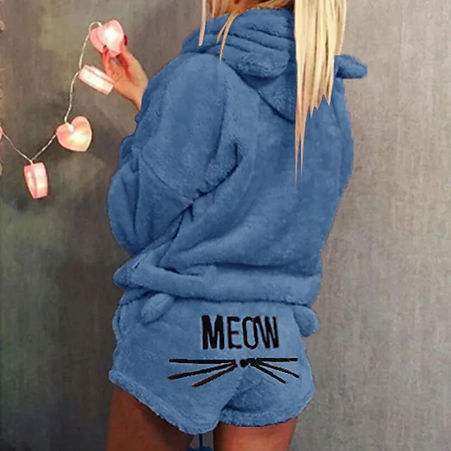Women's Loungewear Fluffy Pajama Fuzzy Sweatsuit Sets 2 Pieces Animal Cat Warm Plush Comfort Home Street Daily Fleece Hoodie Long Sleeve Hoodie Shorts Elastic Waist Fall Winter Pink Navy Blue