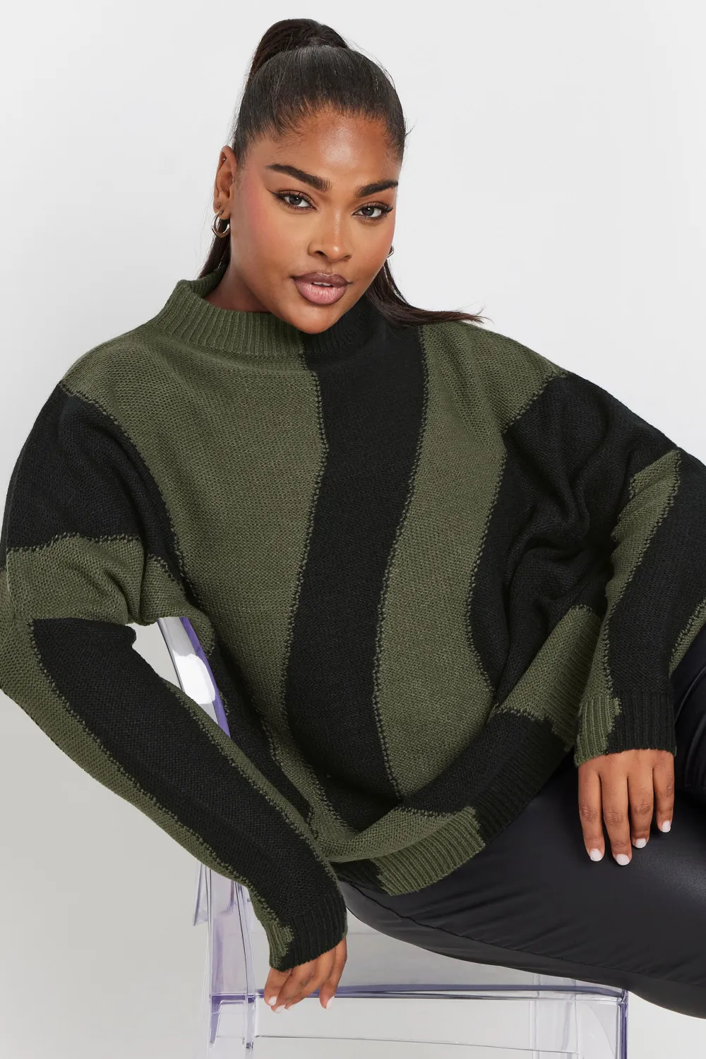 YOURS Curve Khaki Green Swirl Oversized Knitted Jumper