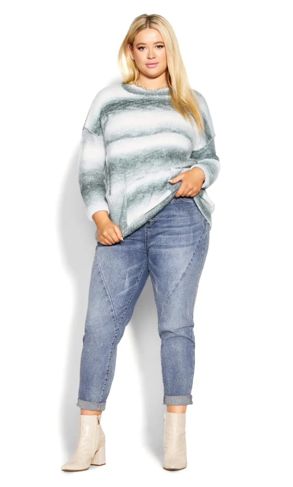 Evans White & Grey Stripe Drop Shoulder Jumper