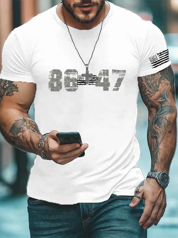 Men'S T-Shirt Men'S Retro 8647 Print Casual Round Neck T-Shirt