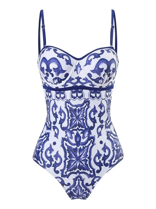 Women's Swimwear One Piece Monokini Normal Swimsuit Tummy Control Open Back Printing Flower Navy Blue Blue Strap Bathing Suits Sexy Vacation Fashion