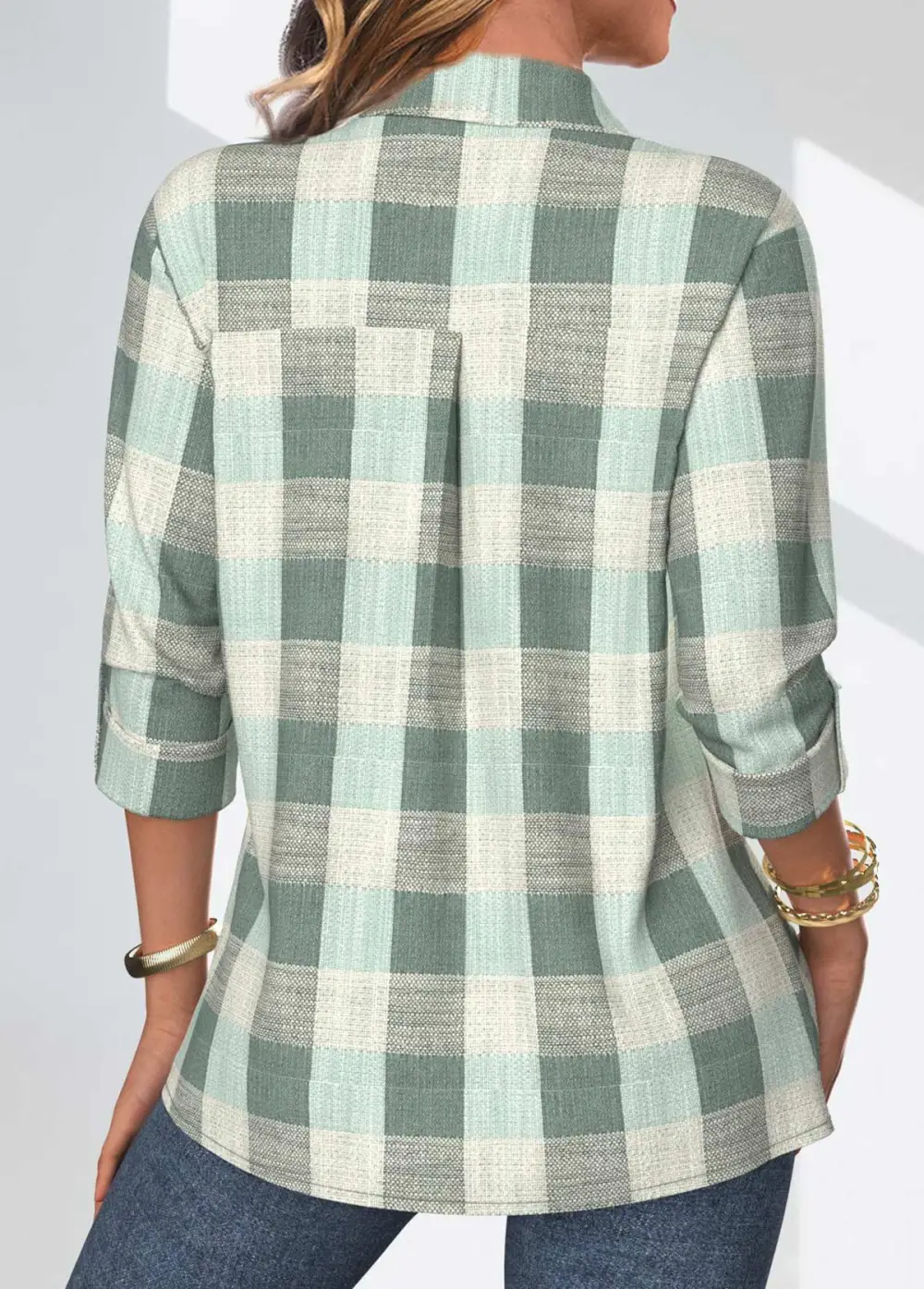 Sage Green Button Plaid Three Quarter Length Sleeve Blouse