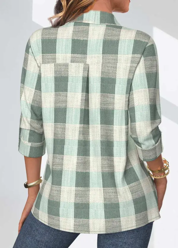 Sage Green Button Plaid Three Quarter Length Sleeve Blouse