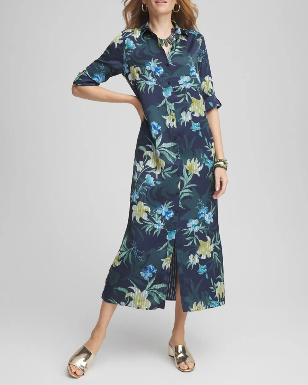 Long Sleeve StainTropical Print Midi Dress