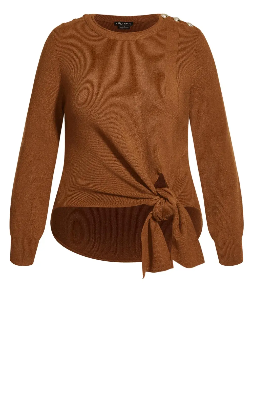 Evans Brown Tie Front Gold Button Jumper