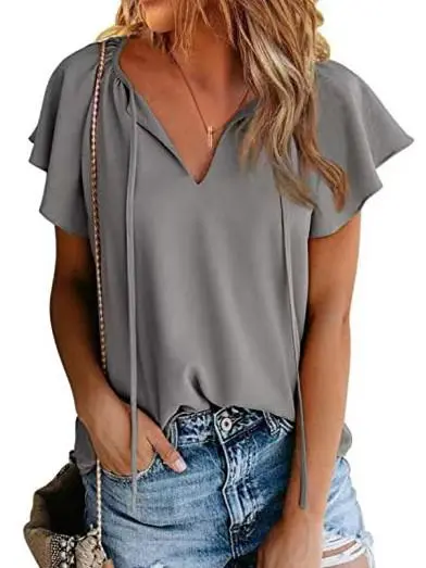 Women Short Sleeve V-neck Lace-up Top