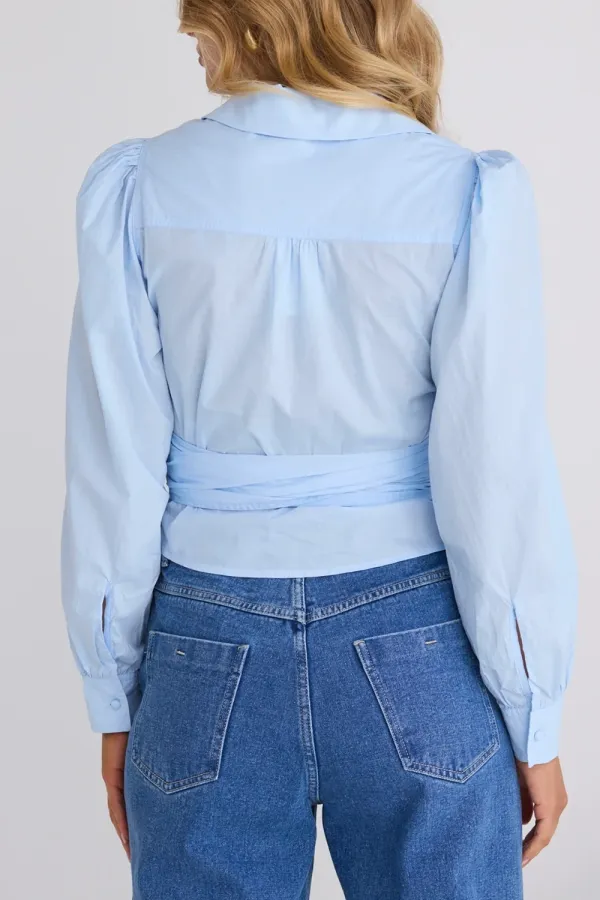Light Blue Wrap Front Long - Sleeve