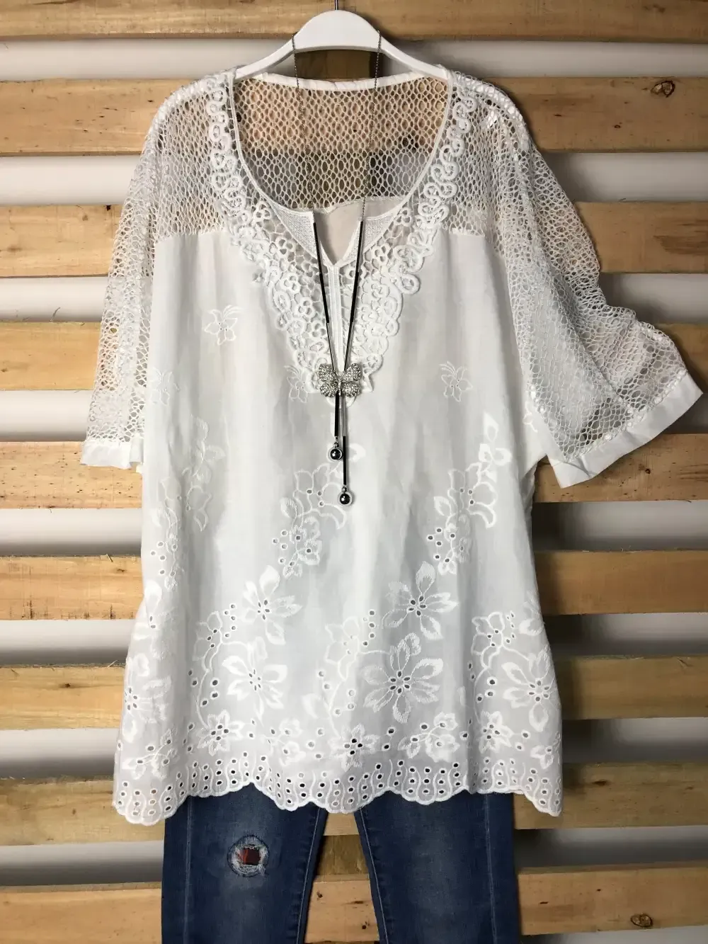 Woman Fashion Openwork Lace Shirt Tops Blouse