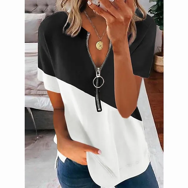 Women‘s Summer Contrast Printing V-neck Zipper Short-sleeved Shirt T-shirt Top