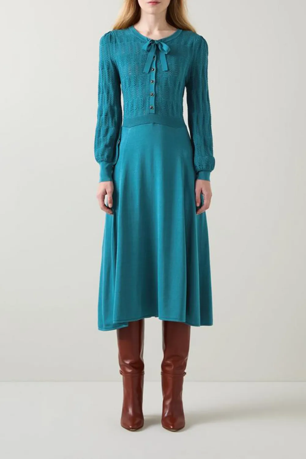 Teal Tie Neck Long Sleeve Midi Dress