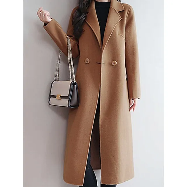 Women's Winter Coat Long Overcoat Double  Breasted Lapel Pea Coat Thermal Warm Windproof Trench Coat Stylish Contemporary Modern Jacket Long Sleeve with Pockets Black Yellow Red