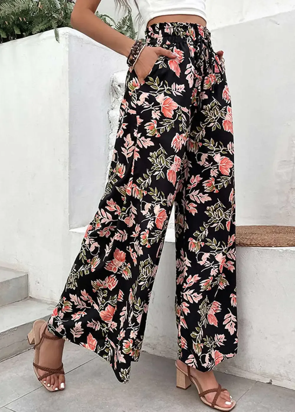 Black Lightweigh Floral Print Elastic Waist Pants