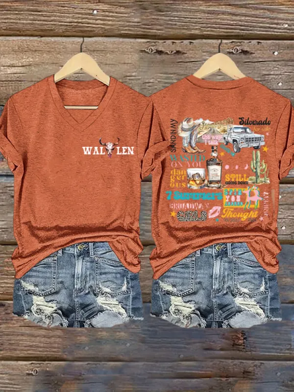Wallen Double-Sided Printed V-Neck Short-Sleeved T-Shirt