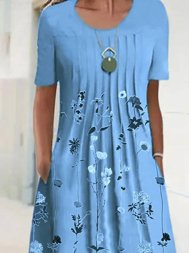 Women's Casual Dress T Shirt Dress Tee Dress Shift Dress Midi Dress Blue Green Short Sleeve Floral Ruched Summer Spring Crew Neck Basic Daily Weekend 2023 S M L XL XXL 3XL