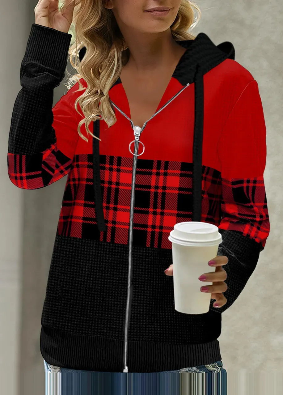 Red Patchwork Plaid Long Sleeve Hoodie