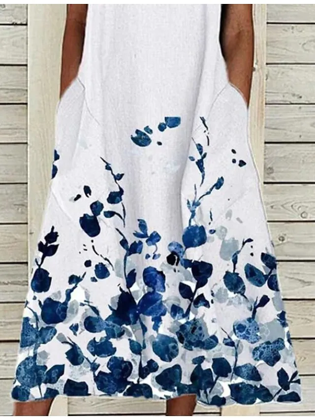 Women‘s Shift Dress Midi Dress Yellow Blushing Pink White Sleeveless Floral Print Summer Round Neck Hot Elegant Casual Loose 2023 S M L XL XXL 3XL 4XL