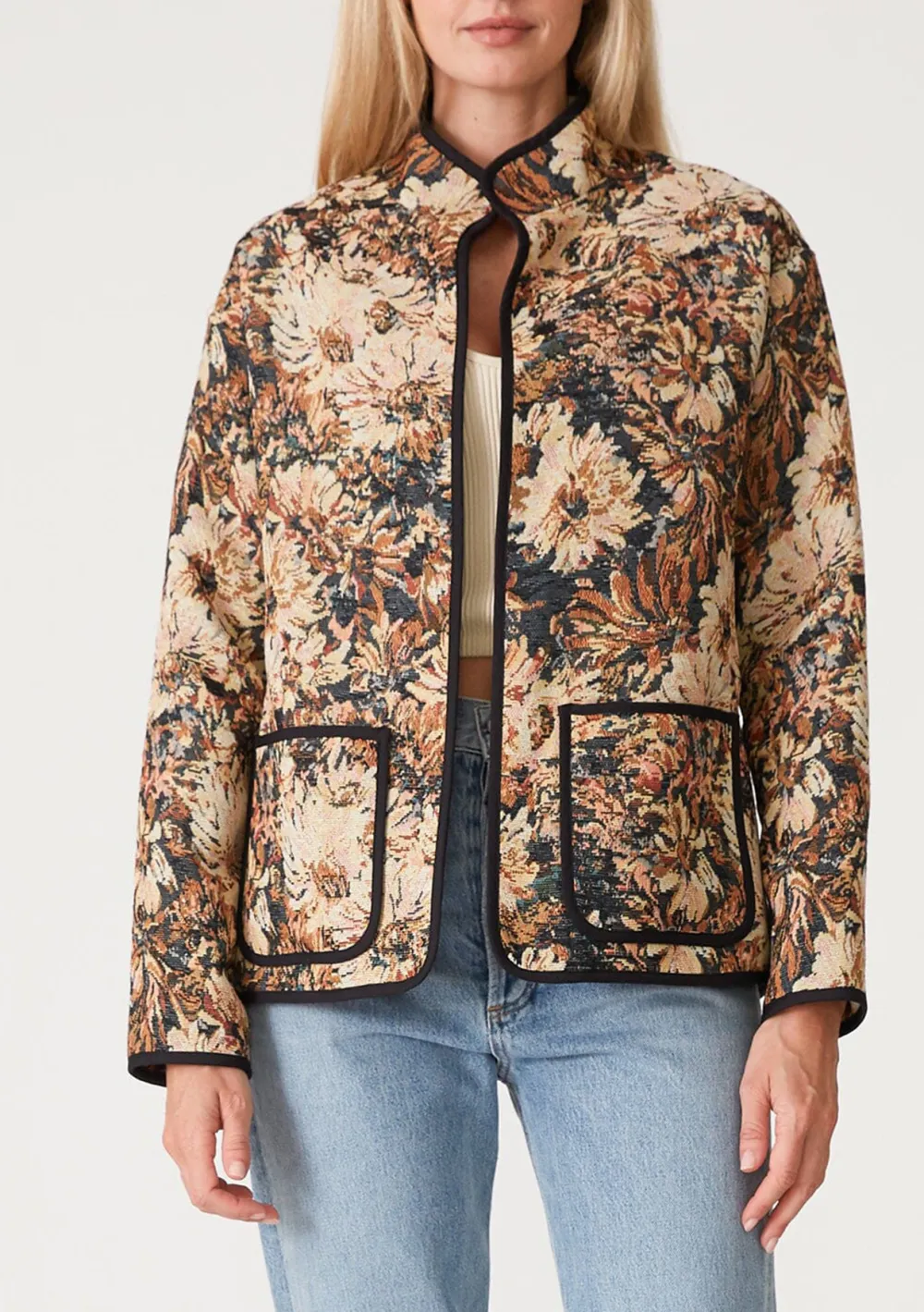 Pocketed Floral Open Front Jacket