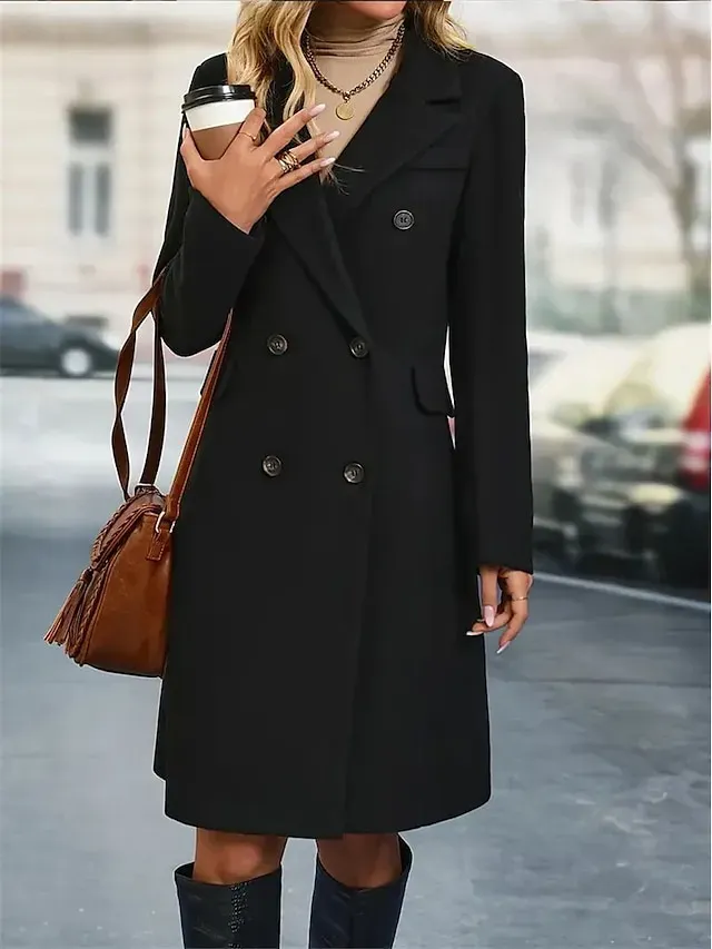 Women's Winter Coat Long Overcoat Double Breasted Lapel Trench Coat Thermal Warm Windproof Jacket Fall Casual Street Outerwear Long Sleeve Fall Winter Black Khaki