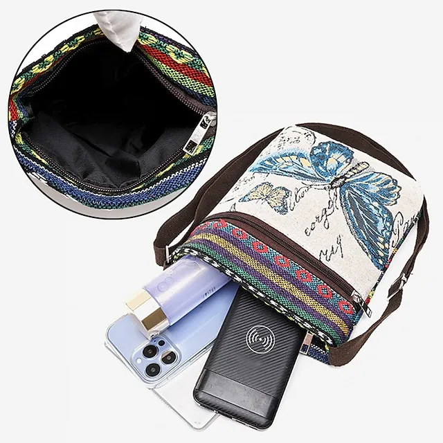 Women's Crossbody Bag Shoulder Bag Hobo Bag Polyester Daily Holiday Zipper Large Capacity Lightweight Durable Geometric Cat Folk [Small Size]Couple Cat [Trumpet] Yellow Elephant [Trumpet] Blue