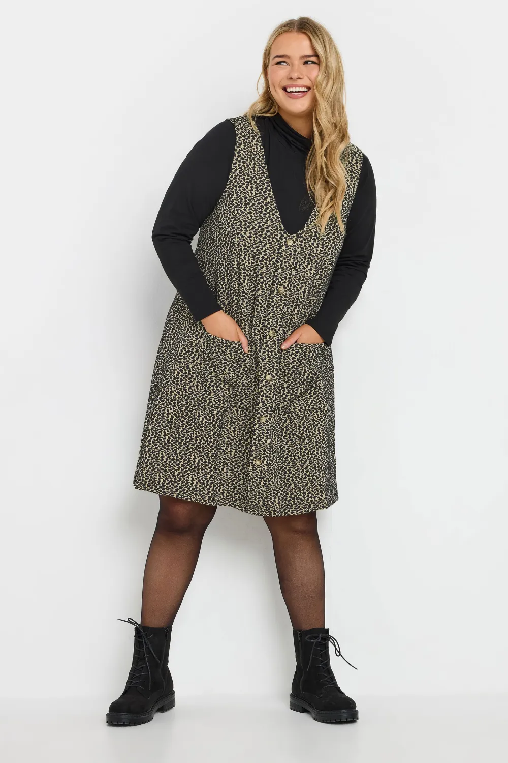 YOURS Curve Grey Check Print Button Through Pinafore Dress