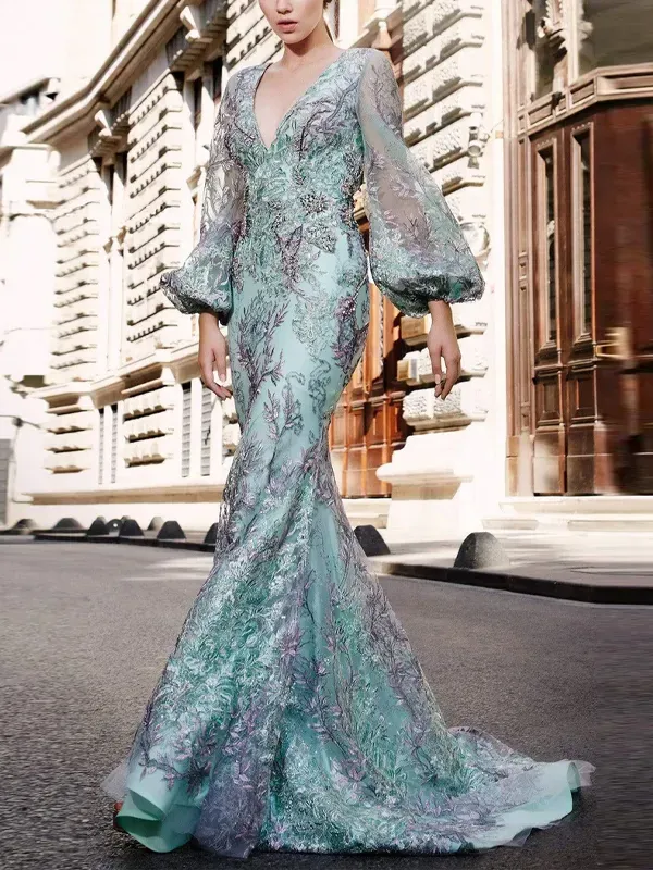 V-neck Printed Sheath Maxi Dress