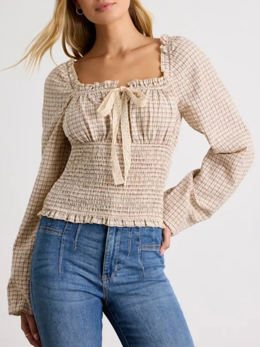 Smocked Plaid Long Sleeve Blouse