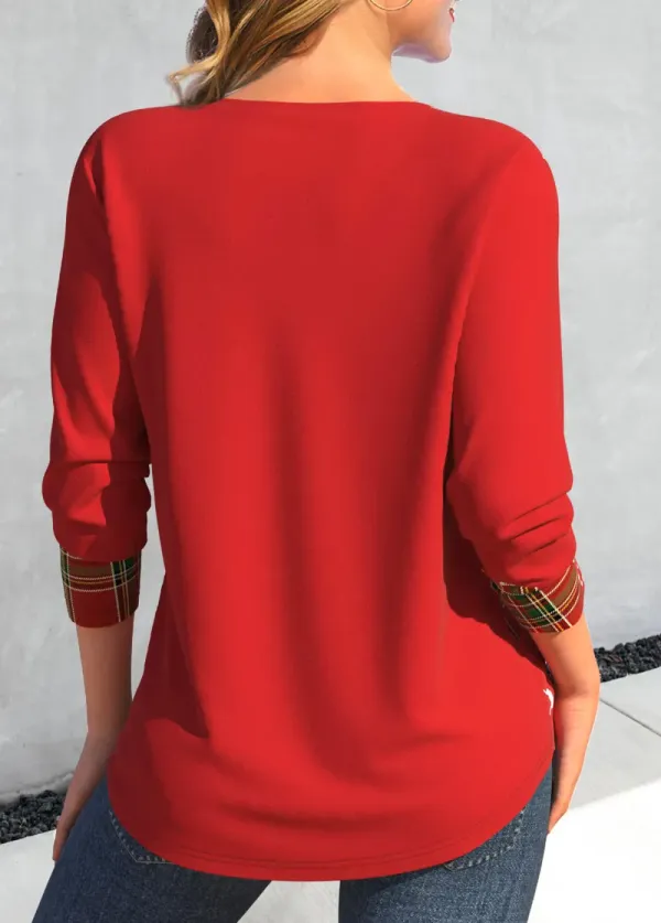 Red Patchwork Christmas Print Long Sleeve T Shirt