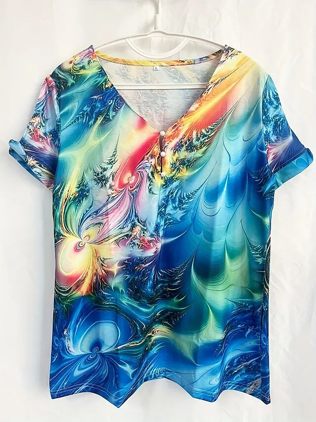 Women's T shirt Tee Graphic Blue Purple Green Button Cut Out Print Short Sleeve Daily Weekend Basic Neon & Bright V Neck Regular Fit