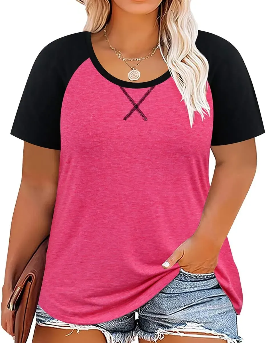 TIYOMI Plus Size T Shirt for Women Short Sleeve Tunic Cross Line Shirts Round Neck Tops Summer Blouse XL-5XL 14-28
