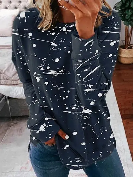 Women Long Sleeve Scoop Neck Polka Dot Graphic Top