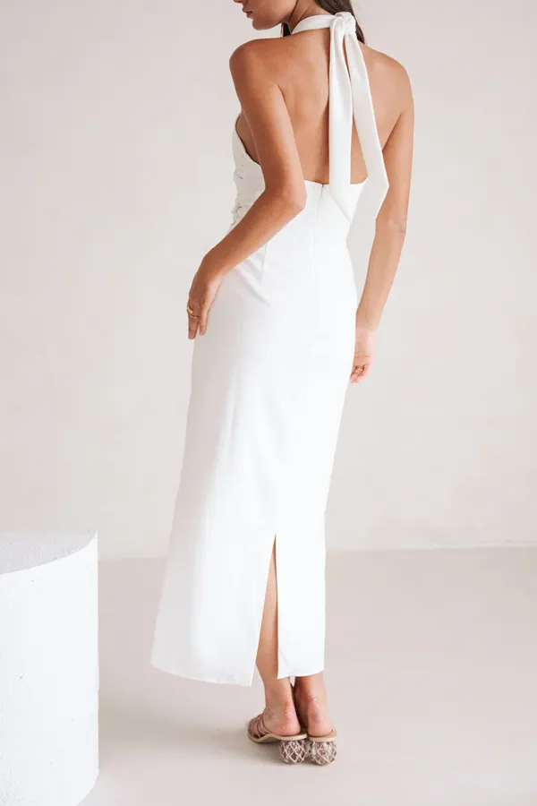 Halter Neck Mesh Insert Midi Dress