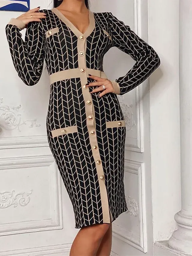 Women's Sweater Dress Jumper Dress Winter Dress Midi Dress Daily Casual Plaid Outdoor Home Casual Daily V Neck Long Sleeve Button 2023 Regular Fit Black khaki One Size