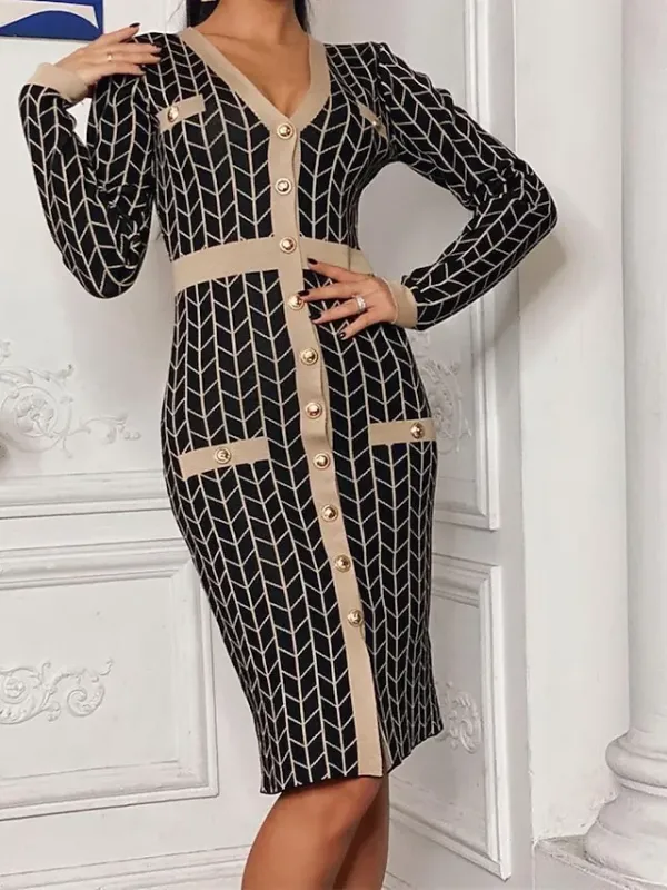 Women's Sweater Dress Jumper Dress Winter Dress Midi Dress Daily Casual Plaid Outdoor Home Casual Daily V Neck Long Sleeve Button 2023 Regular Fit Black khaki One Size